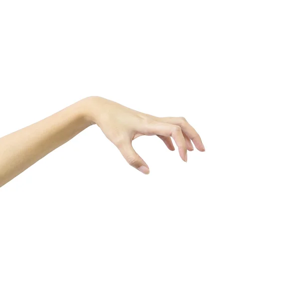 Close-up actie van vrouw hand vangen en houden iets in de hand geïsoleerd op zwarte achtergrond met knippen pad — Stockfoto