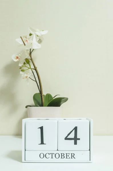 Closeup calendário de madeira branca com preto 14 palavra de outubro com flor de orquídea branca na mesa de madeira branca e papel de parede cor creme no quarto fundo texturizado, ver mais uma data no meu portfólio — Fotografia de Stock