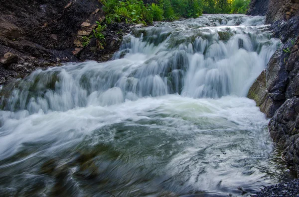 falling water in the morning mist. falling water in the dense morning fog. Water falling from a cliff. falling from a height of water. falling water in the fog. thick morning fog in the summer forest.