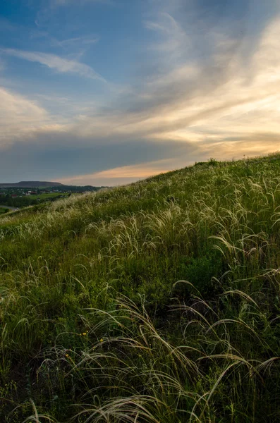 Yaz kıpkırmızı gün batımı. Gökyüzü kıpkırmızı. Güneş batarken kestane rengi bulutlar. Günbatımında yeşil halı.
