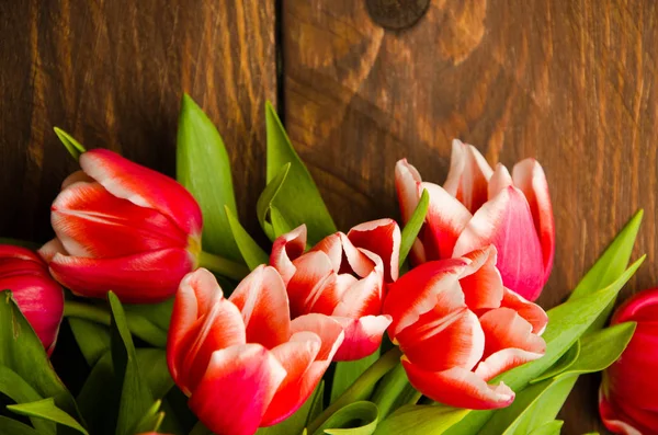 Rot Weiße Tulpen Auf Holzbrettern Ein Strauß Tulpen Auf Einem — Stockfoto