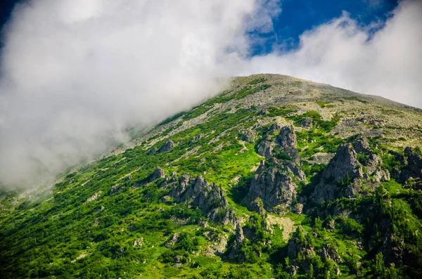 Dağ Manzarası Yaprak Döken Orman Tepesinde Bulut — Stok fotoğraf