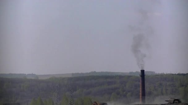 Black Smoke Large Brick Chimney Pollutes Environment — Stock Video