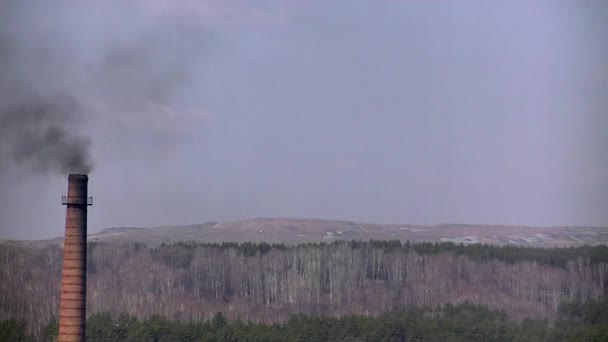 大きなレンガの煙突からの黒い煙が環境を汚染し — ストック動画