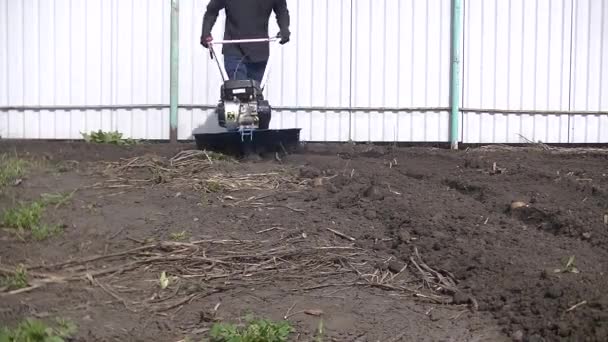 Plöja Marken Med Manuell Kultivator Jordbruksindustri — Stockvideo