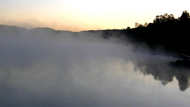 Wunderschönes Morgenlicht Über Wald Und See Dichter Nebel Bedeckt Von — Stockvideo