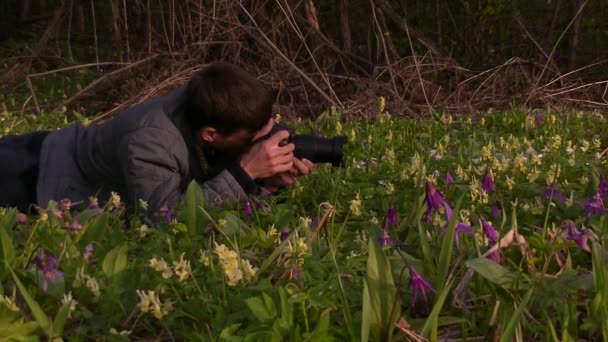 Чоловік Фотографує Ранковий Туман Теплий Літній Пейзаж — стокове відео