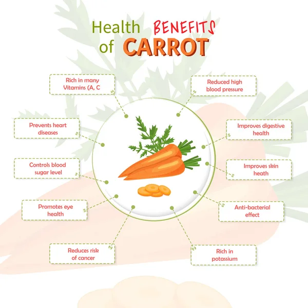 Der gesundheitliche Nutzen von Karotten. Möhre Nährstoffe Infografik Vorlage Vektor Illustration. — Stockvektor