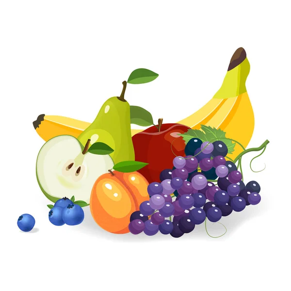 Ilustração vetorial de frutos frescos. Conceito de dieta saudável. Frutos e bagas orgânicos. Mistura de frutas no fundo branco ilustração vetorial — Vetor de Stock