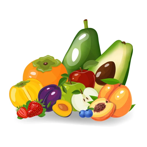 Ilustração vetorial de frutos frescos. Conceito de dieta saudável. Frutos e bagas orgânicos. Mistura de frutas no fundo branco ilustração vetorial — Vetor de Stock