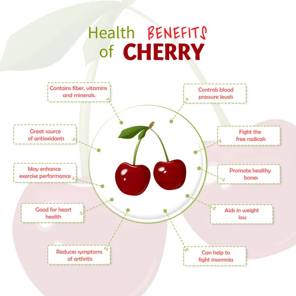 Польза для здоровья от вишни. Вишня питательных веществ инфографический шаблон векторной иллюстрации. Фрукты — стоковый вектор