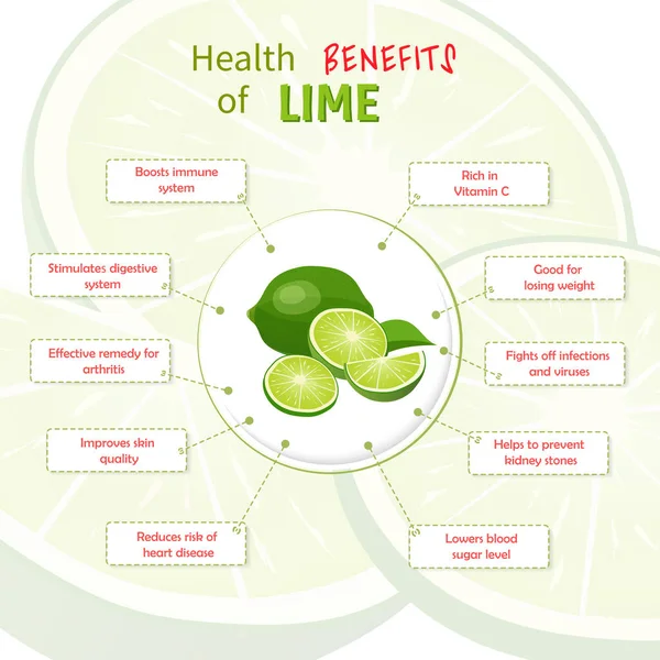 Beneficios para la salud de la cal. Limes nutrientes infografía plantilla vector ilustración. Frutas frescas — Archivo Imágenes Vectoriales