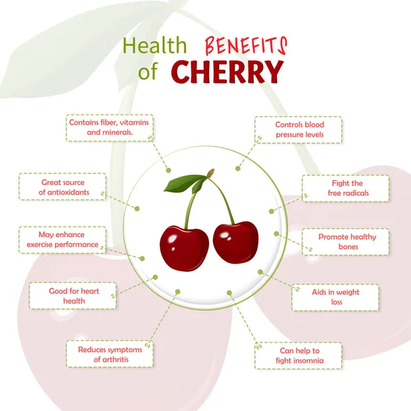 Benefícios para a saúde da cereja. Nutrientes de cerejas infográfico modelo de ilustração vetorial. Frutas frescas — Vetor de Stock