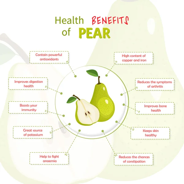 Benefícios para a saúde da pera. Pêras nutrientes infográfico modelo vetor ilustração. Frutas frescas — Vetor de Stock