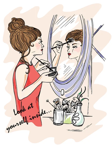 Illustration for the book. Look at yourself inside. The girl does makeup. Displays in the mirror. Mystery around us. Third Eye — Stock Vector