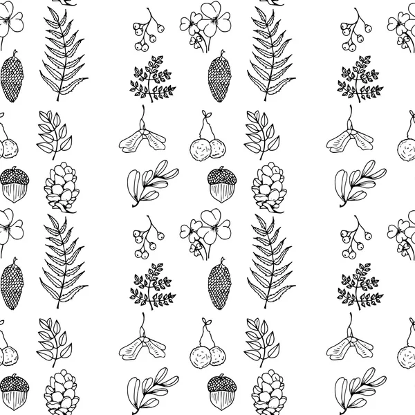 Illustratie van de natuur. Natuurlijke materialen. Forest briefkaart. Bosvruchten, bladeren, takken. Naadloze patroon van zwart-wit. — Stockvector