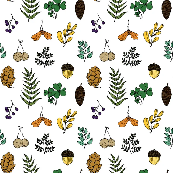 Ilustración de naturaleza. Materiales naturales. Una postal del bosque. Frutos del bosque, hojas, ramas. Patrón sin costura . — Vector de stock