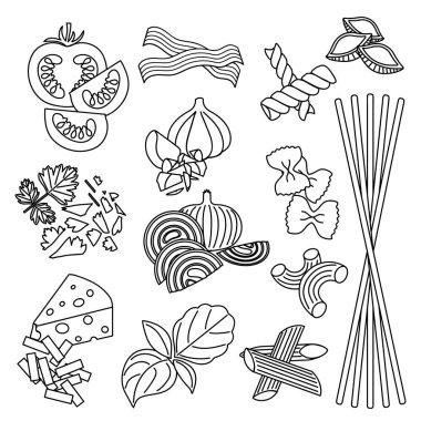 Ürünler ayarlayın. Seamless modeli. Makarna ve sebzeler. Hazır malzemeler. Siyah ve beyaz. Maydanoz, fesleğen, pastırma, soğan, sarımsak, peynir, makarna