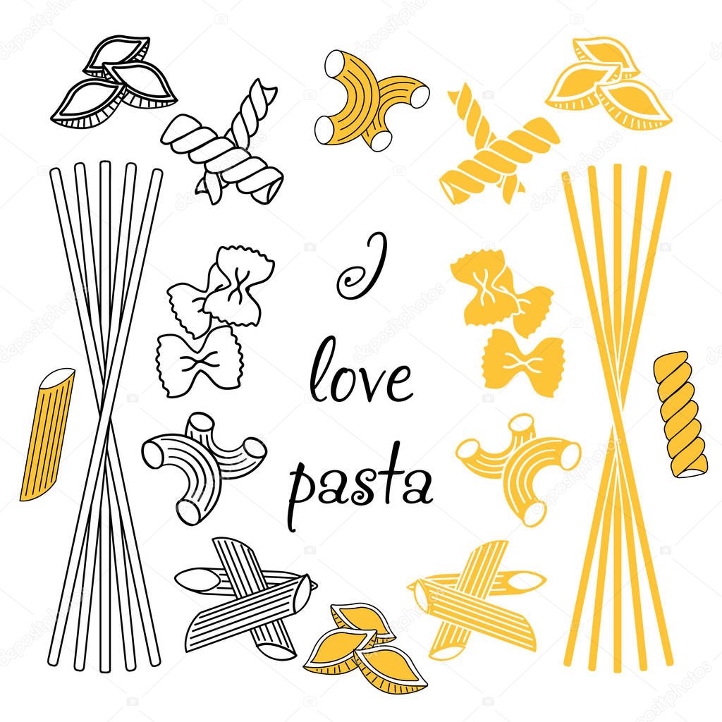 Set products. Seamless pattern. Ready-made ingredients. Variety of pasta. Set pasta. I love pasta