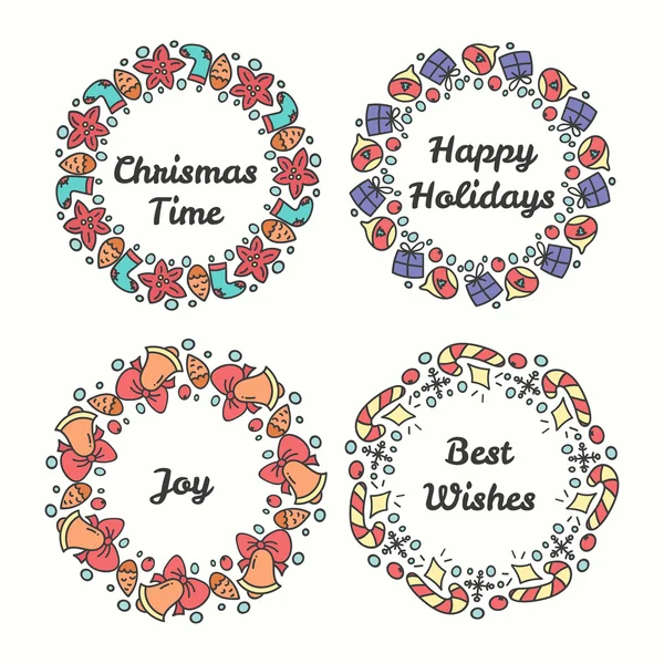 Christmas Wreath Set. Line Style Winter Collection. — Stock Vector
