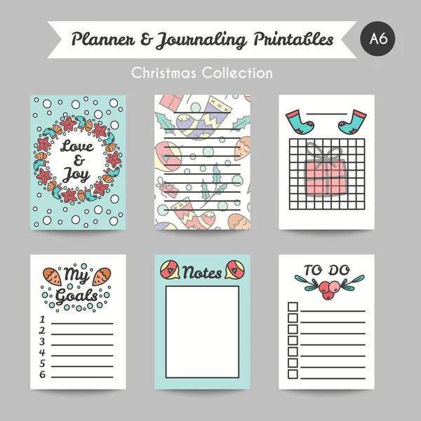 Tarjetas de diario imprimibles de Navidad. Estilo de línea Jornal Pages — Vector de stock