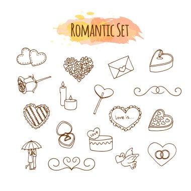 Romantik resimler. Elle çizilmiş düğün küme. Mutlu Sevgililer günü için stil öğeleri doodle.