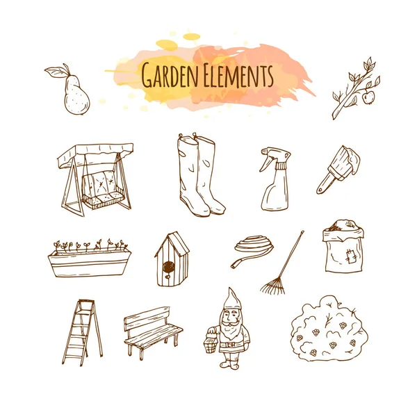 Ręcznie rysowane ilustracja narzędzia ogrodnicze. Wiosną ogrodnictwo szkic sztuka — Wektor stockowy