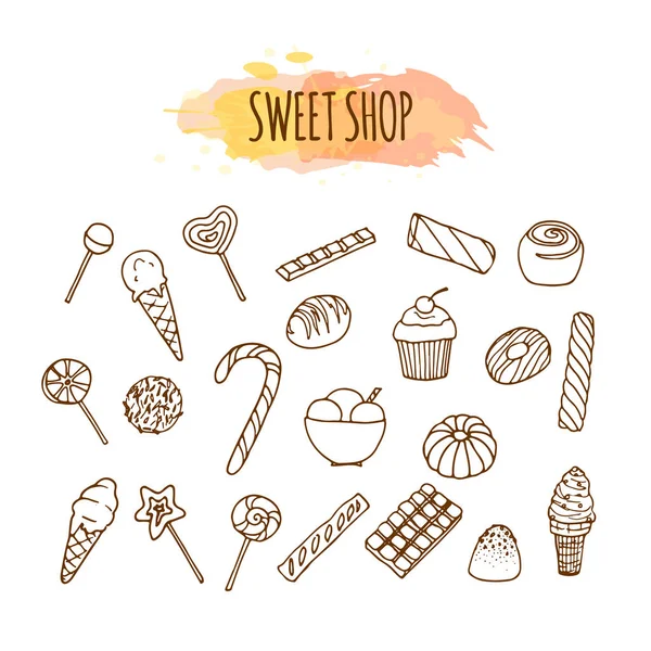 Elementi del negozio di caramelle. Dolci e caramelle schizzo. Illustrazione pasticceria . — Vettoriale Stock