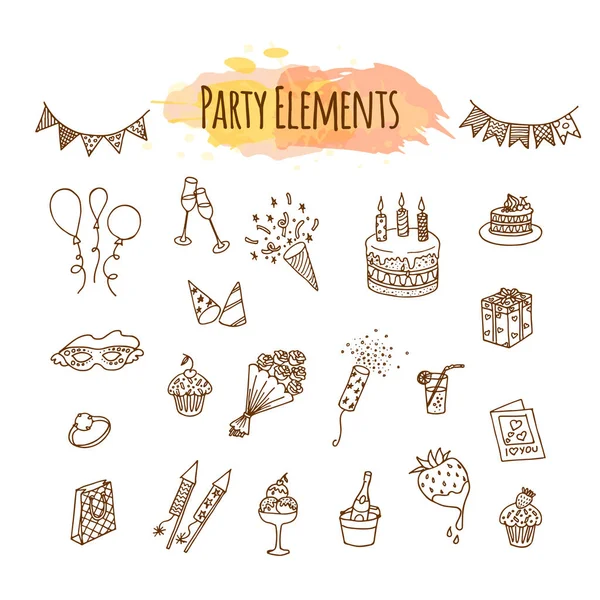 Kézzel rajzolt party dekorációk és elemek. Születésnapi dekoratív illusztráció. — Stock Vector