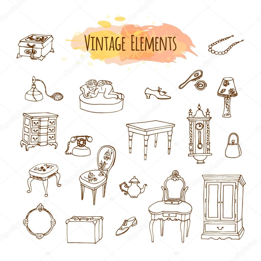 Hand drawn vintage elements. Antique furniture illustration