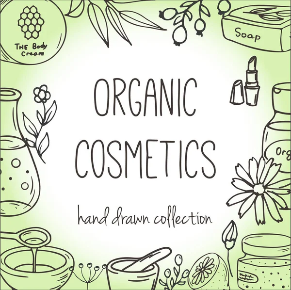 Bakgrund med kosmetiska flaskor. Organisk kosmetika illustration. — Stock vektor