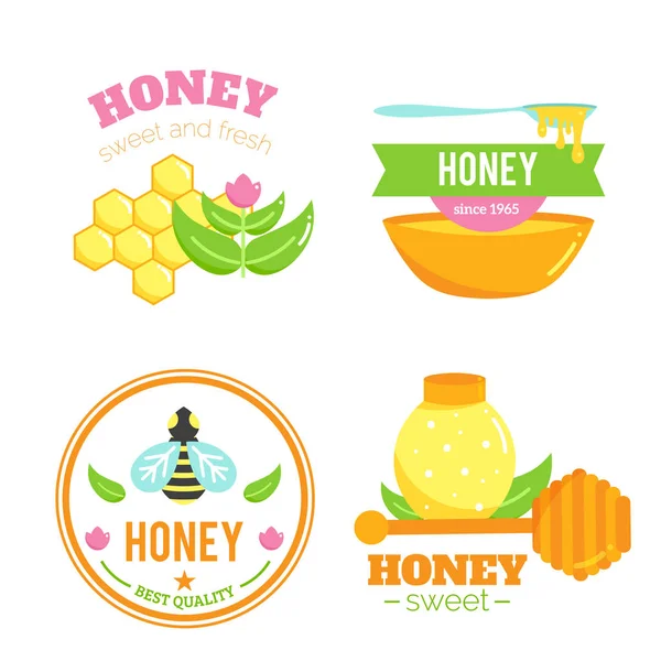 Emblemas de mel. Elementos do logotipo. Desenho das abelhas . — Vetor de Stock