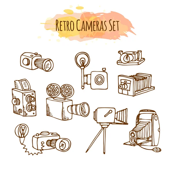 Retro Photo Cameras ilustrações desenhadas à mão. Design de câmera de vídeo vintage vetorial . —  Vetores de Stock