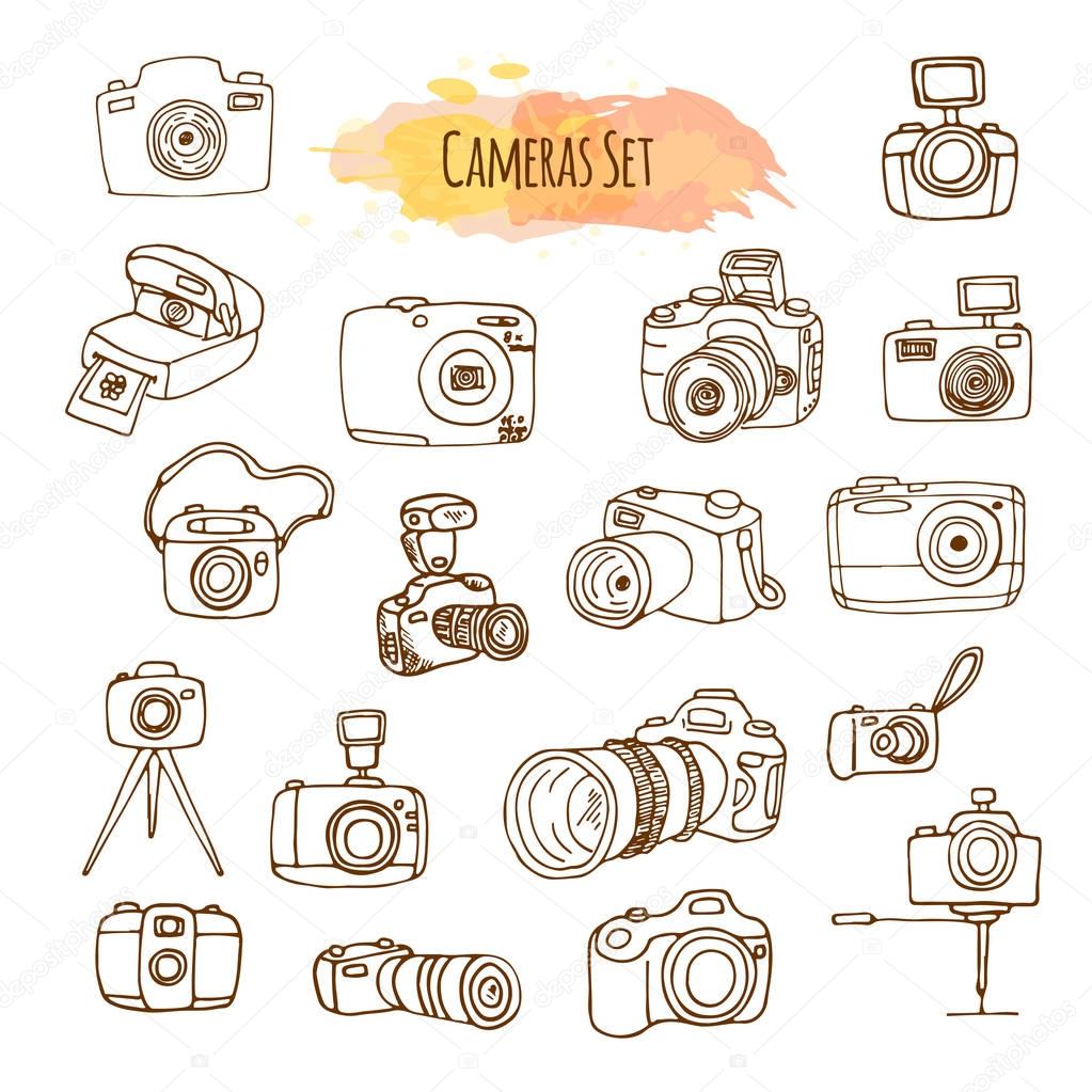 Photo Cameras Hand Drawn Illustrations. Vector Video Camera Design.