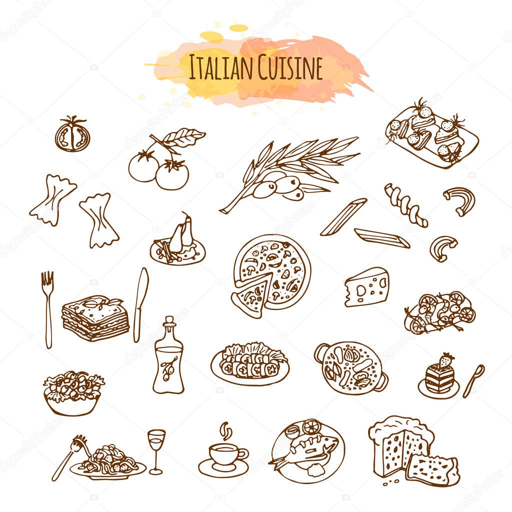 Hand drawn Italian cuisine. Food menu design. Vector illustartion