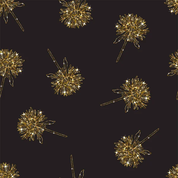 Gold nahtloses Muster mit Aster-Blume. Glitzernder Hintergrund. — Stockvektor