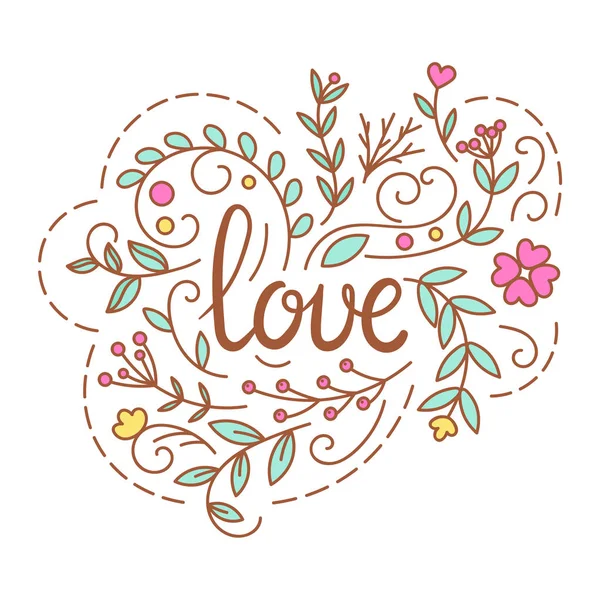 Láska text. Romantické nápisy s květinovou dekorativní prvky ve stylu malé čáry. — Stockový vektor