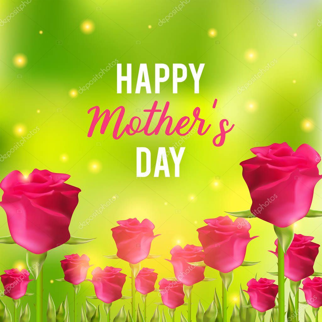 Happy Mothers Day festive card with elegant red roses in blossom, beautiful greeting poster, realistic vector illustration, bokeh lights on green background