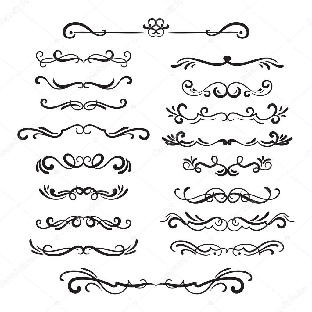 Flourishes vintage. Ornamental borders and dividers, filigree ornament swirls. Victorian decoration elements.