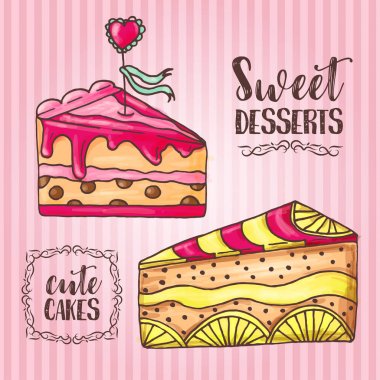 Kek illüstrasyon. Pastane ve fırın arka plan. Baker Salonu, kafe için vektör tasarımı.