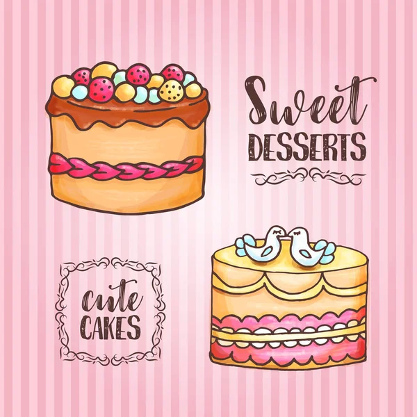 Ilustração de bolos. Pastelaria e padaria fundo. Design de vetor para padaria, café . — Vetor de Stock