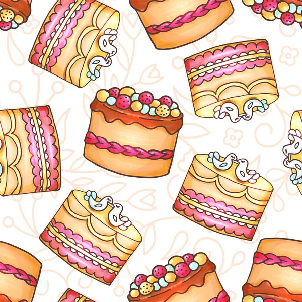 Cakes seamless pattern illustration. Pastelaria e padaria fundo. Design de vetor para padaria, café . — Vetor de Stock