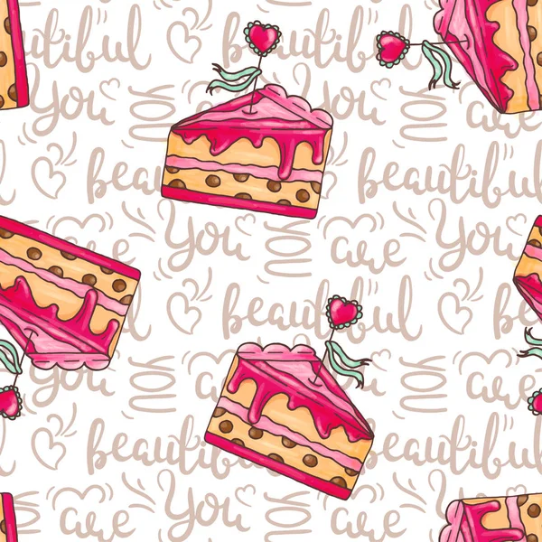 Romantische Kuchen nahtlose Musterillustration mit Zitaten. du bist ein schöner Text. Hochzeitstorten. Backwaren und Backwaren. — Stockvektor