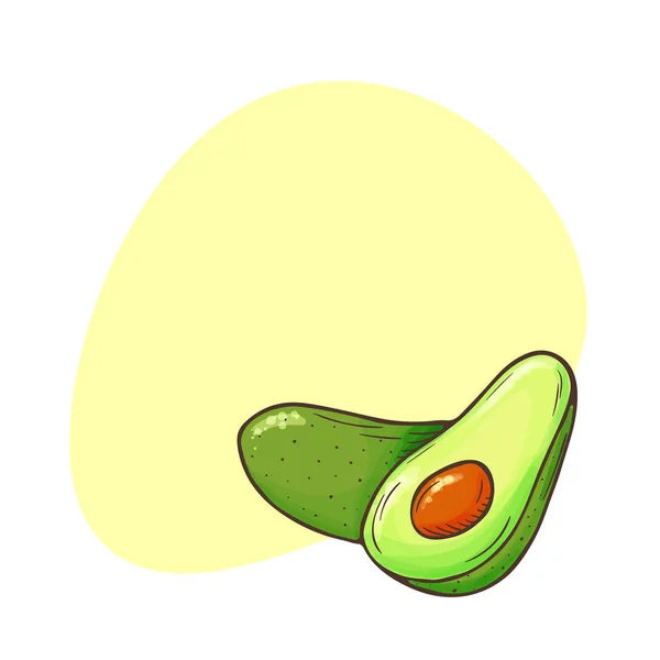 Avocado-Plakat. ganze Avocados, in Scheiben geschnitten, halbiert mit Samen-Skizze. tropische Sommerfrüchte handgezeichneten Cartoon-Stil Hintergrund. Gesunde Ernährung — Stockvektor