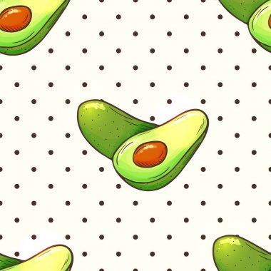 Avokado seamless modeli ile polka noktaları. Parçalar, dilimlenmiş bütün Avokado tohum kroki ile ikiye ayırmak. Tropikal yaz meyve çizilmiş karikatür tarzı arka plan el.