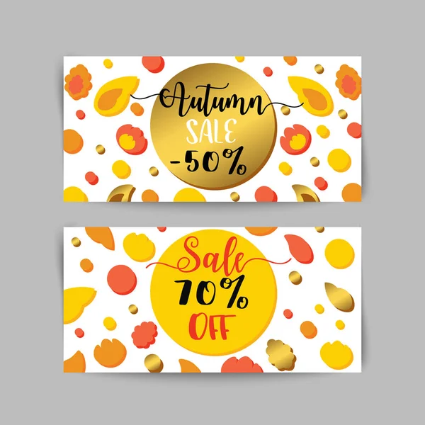 Sonbahar satış Afişler ve reklamlar şablon kümesi web. Golen sonbahar el ilanı. Web sitesi ve indirim kuponu, posterler için vektör çizimler