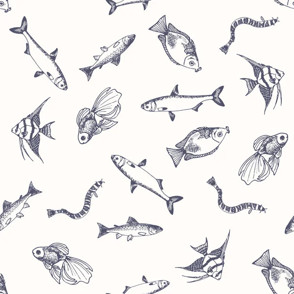 물고기 패턴입니다. 연어의 밑그림입니다. 손으로 그린 벡터 일러스트 레이 션. 해산물 메뉴 디자인을 위한 벡터 바다와 바다 생물. — 스톡 벡터