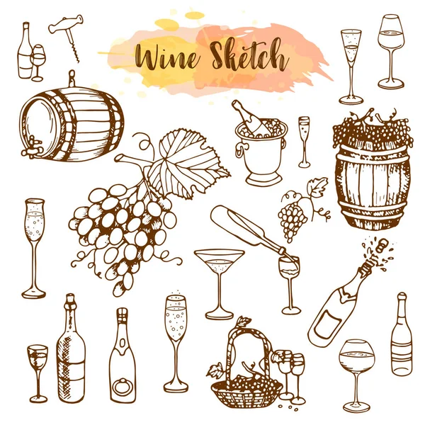 Vin Ställ. Vinproduktion produkter i skiss stil. Hand dras alkoholhaltiga drycker set. Vektorillustration av flaska, glas, fat, druvor, korkskruv druva twig. — Stock vektor