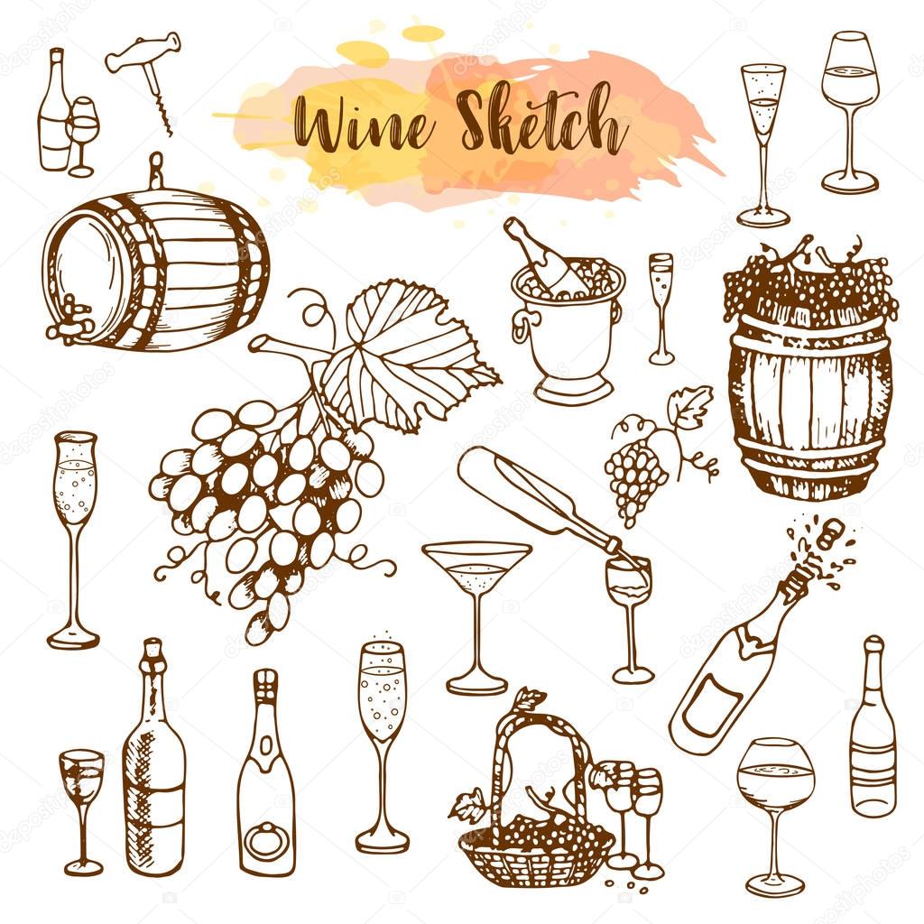 Wine set. Winemaking products in sketch style. Hand drawn alcoholic drinks set. Vector illustration of bottle, glass, barrel, grapes, corkscrew, grape twig.