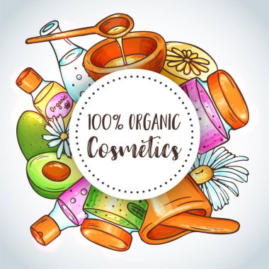 Organik Kozmetik illüstrasyon. Güzellik ayarlayın. Çizilmiş spa ve aromaterapi öğeleri ver. Doğal kozmetik karikatür vektör çizimi. Bitkisel serum ve petrol